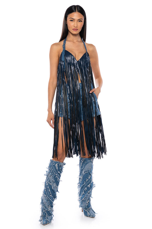 RAVE GIRL DENIM HALTER FRINGE BRA TOP