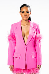 RAISE YOUR GLASS FEATHER TRIM BLAZER