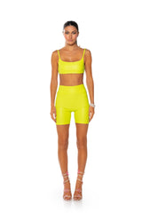 RIO FAUX LEATHER BIKER SHORT IN LIME GREEN